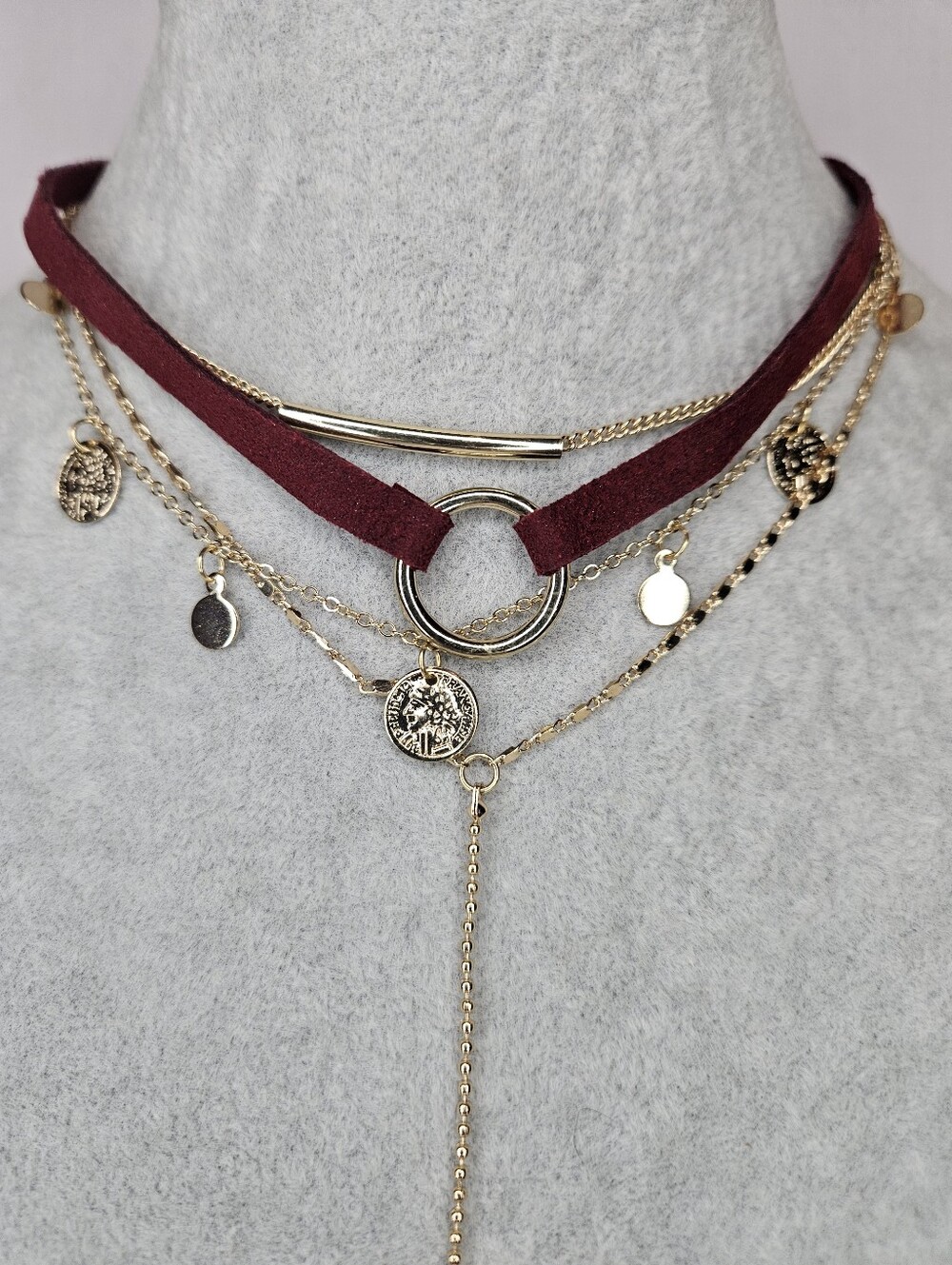 NWOT Burgundy Suede Gold Layered Choker Necklace Set Multi Strand 12-16" - Picture 2 of 10
